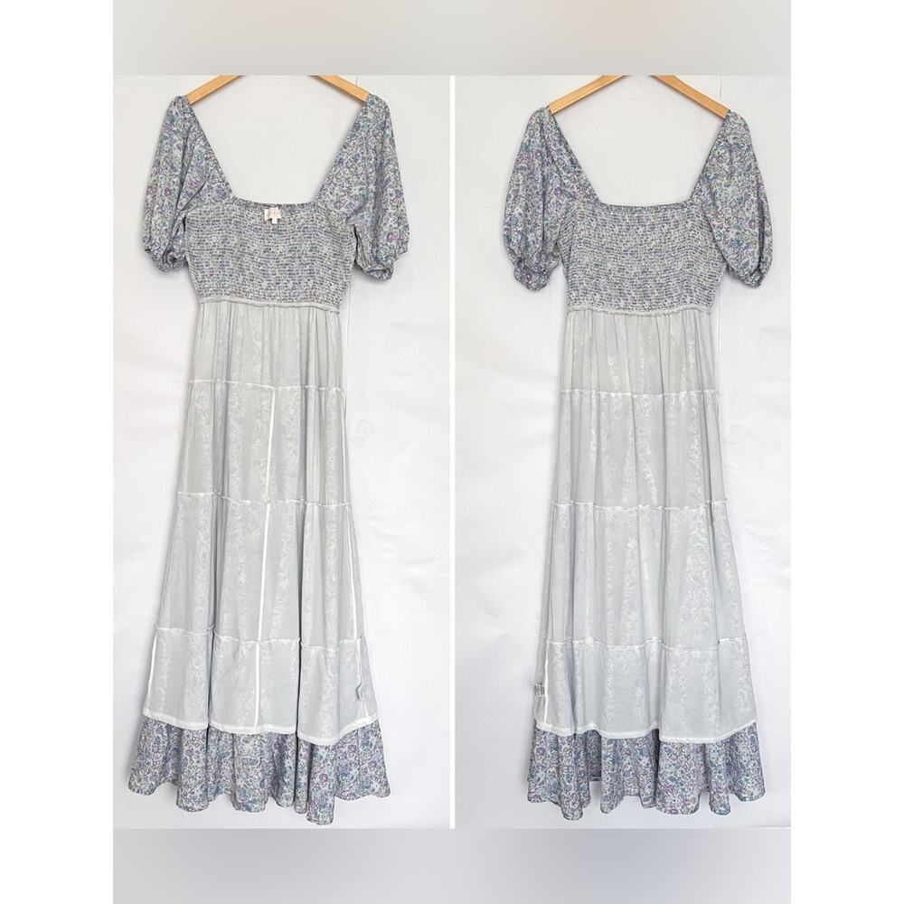 Entro Smocked Floral Maxi Dress Square Neck Layered Ruffle Blue Green Size Large - Picture 11 of 16